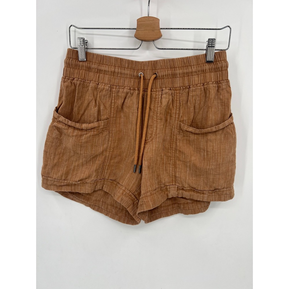 Athleta Cabo Linen Shorts 4 Terracotta Brown Textured‎ Striped Drawstring